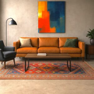 A vibrant Moroccan rug in a room of mixed furniture ecletic design