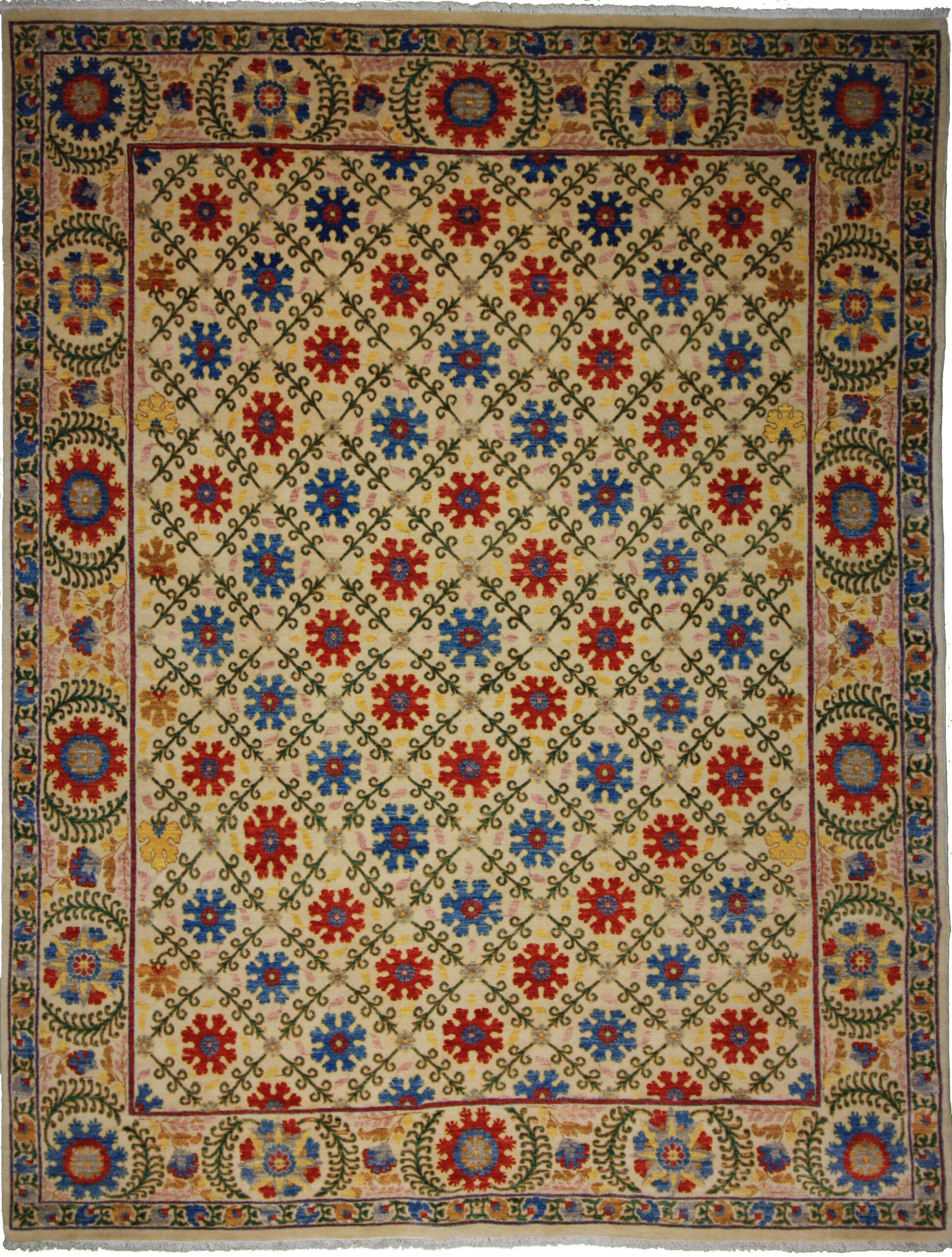 Traditional  Rectangle WOOL / SILK Indian Hand Made Ivory Rug