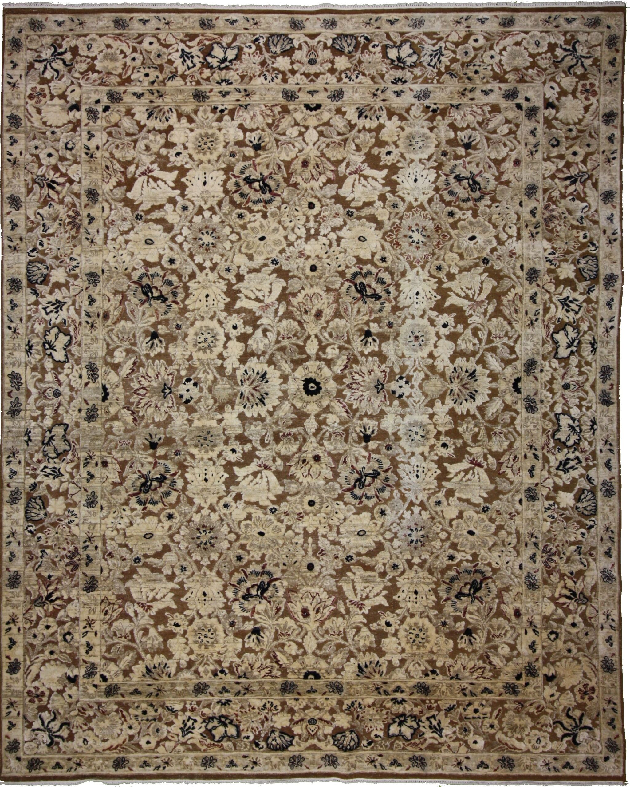 Traditional  Rectangle WOOL / SILK Traditional Hand Made Ivory Rug