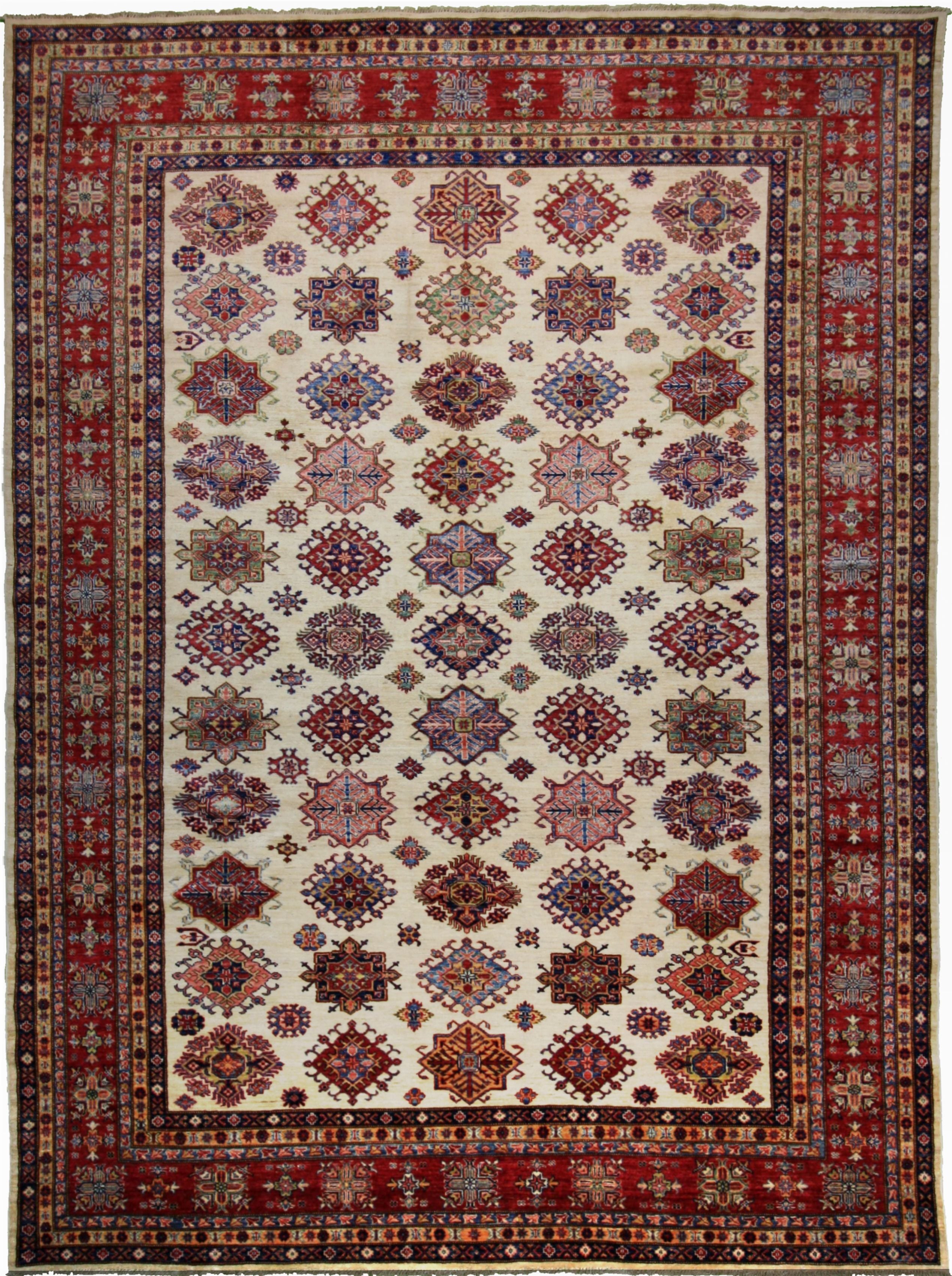 Traditional Rectangle WOOL Pakistani Hand Made Ivory Red Rug
