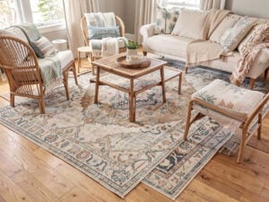 vintage area rugs layered over natural wood floors